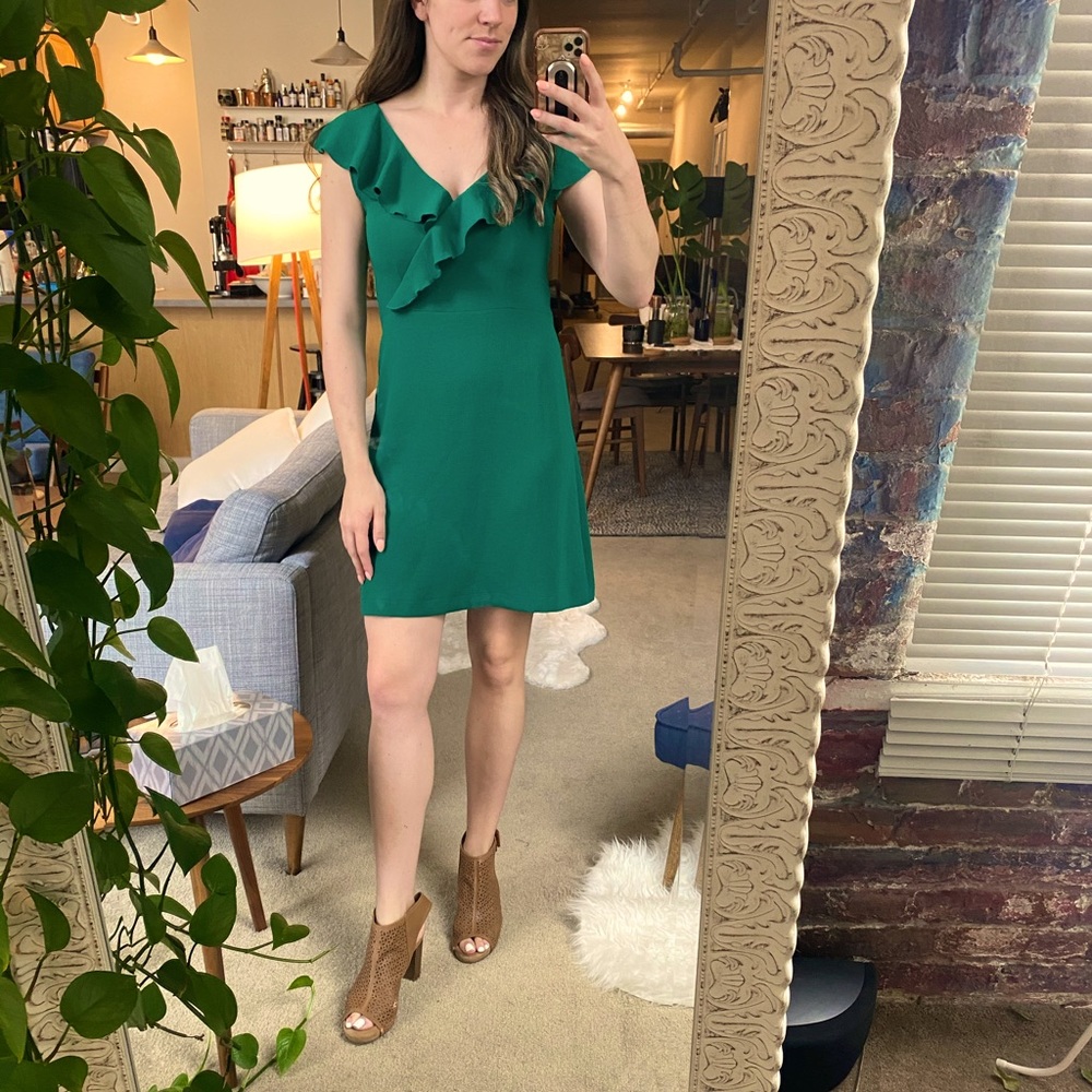 Emerald fit and flare dress w ruffle neck-line